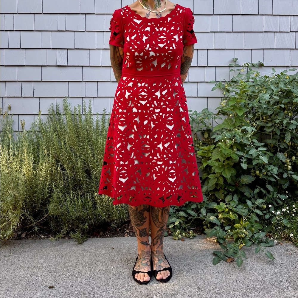 Moulinette Soeurs Red Cutout Midi Christmas Holiday Dress